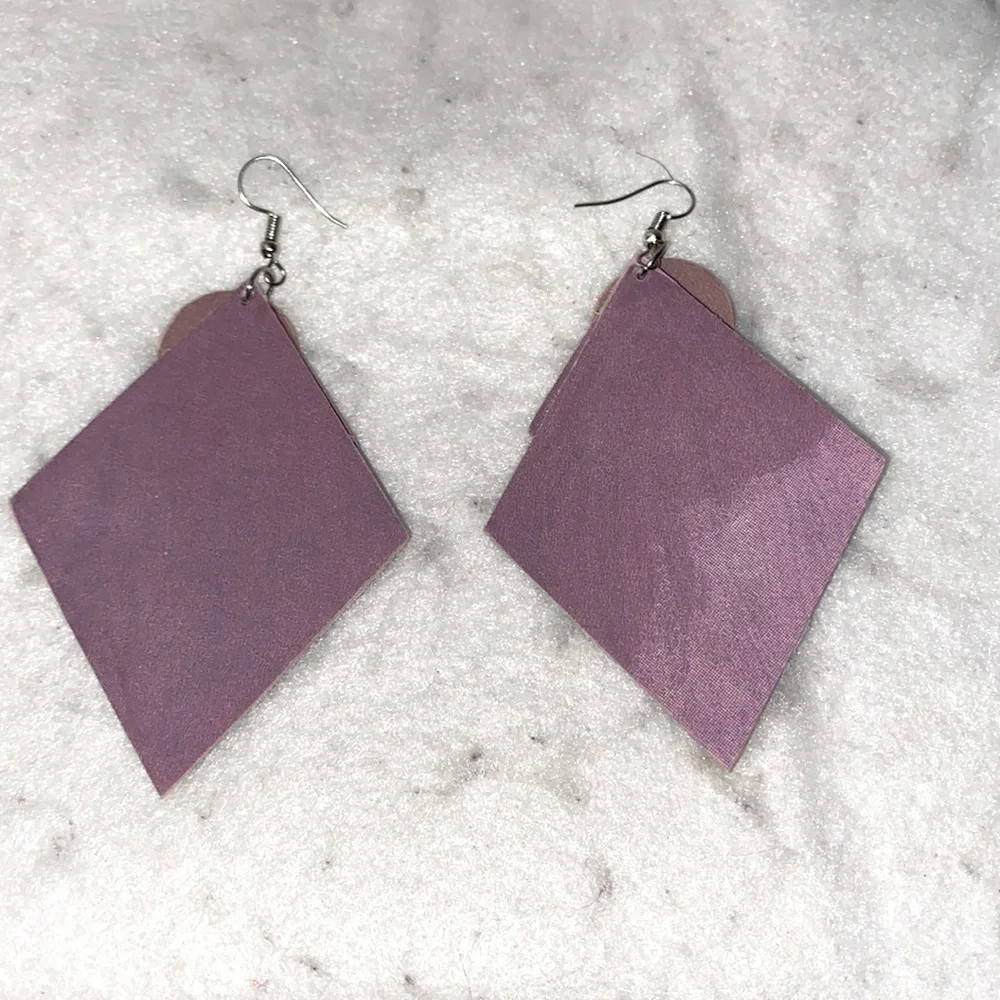 Handcrafted Lavender Triangle Wood Dangle Earrings Boho Hippie Rhinestone 3" Dro - Picture 4 of 7